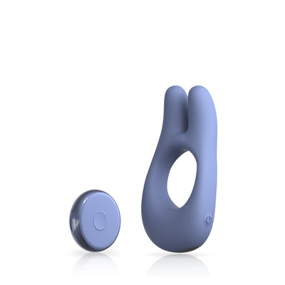 Front facing angled penis ring with two prong rabbit ears with wireless remote midnight blue