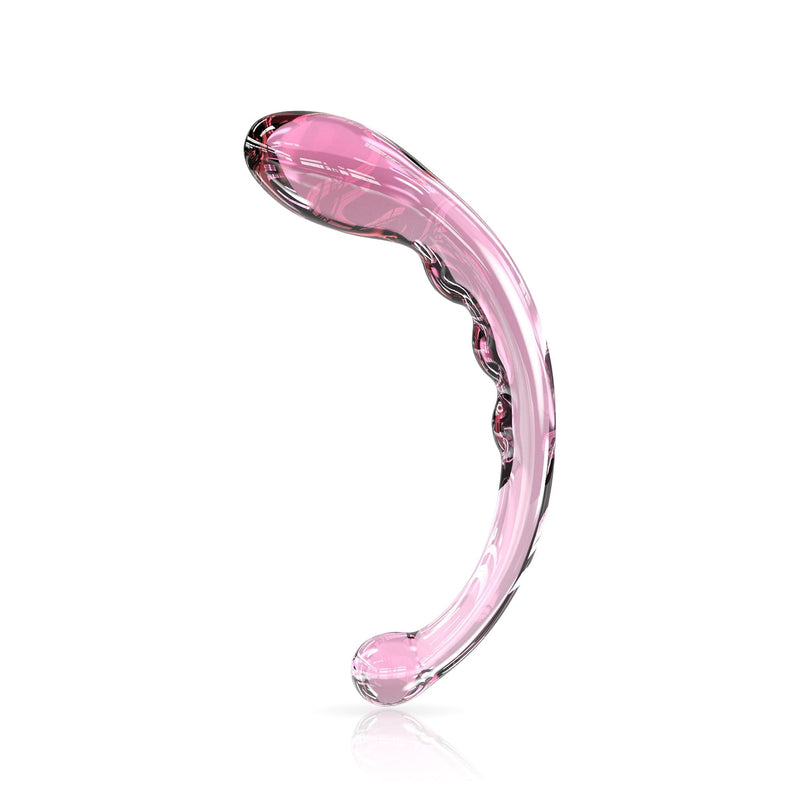 Side facing curved borosilicate glass dildo with ribbed texture pink