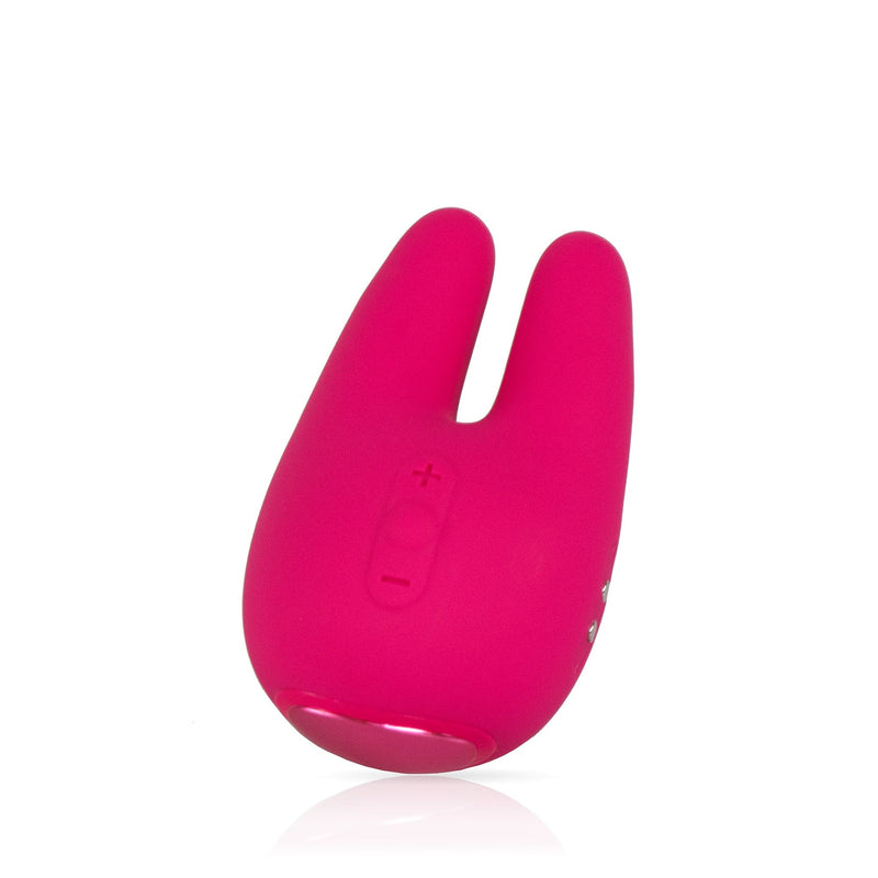 Angle front facing two prong clitoral vibrator in pink 