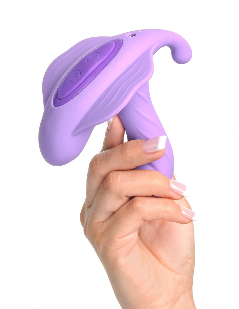 G-Spot Stimulator and Purple Vibrator Model Holding the product